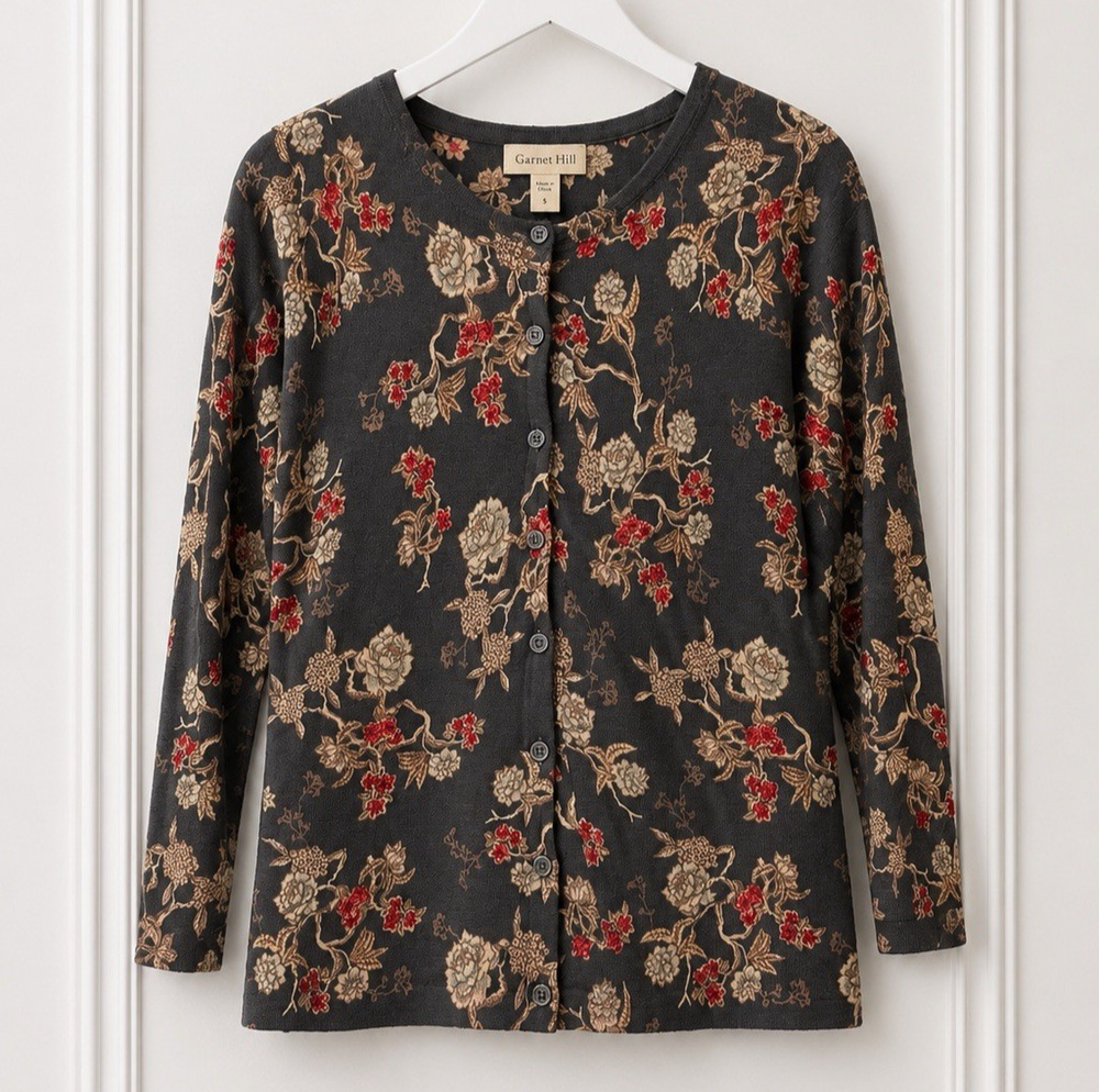 EUC Garnet Hill Small 100% Merino Wool Signature Eco Cardigan Charcoal Floral